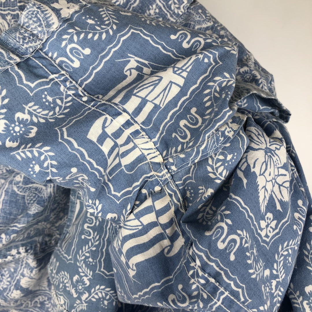 90'S Reyn Spooner swimwear tag, bikini tag, all-over print, Lahaina sailor aloha shirt, boxy shirt, men's size M equivalent. cotton Blue type light blue Vintage Second Hand