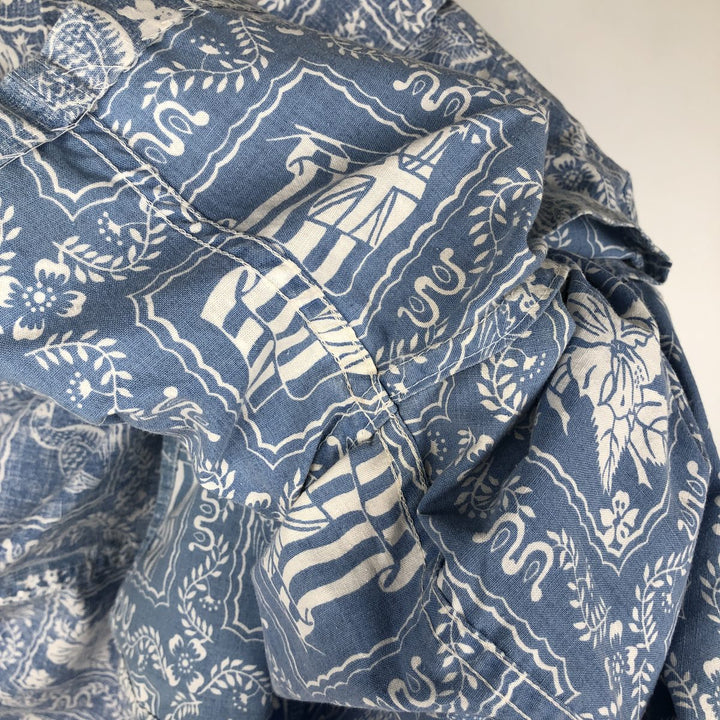 90'S Reyn Spooner swimwear tag, bikini tag, all-over print, Lahaina sailor aloha shirt, boxy shirt, men's size M equivalent. cotton Blue type light blue Vintage Second Hand