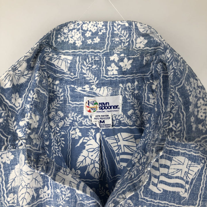 90'S Reyn Spooner swimwear tag, bikini tag, all-over print, Lahaina sailor aloha shirt, boxy shirt, men's size M equivalent. cotton Blue type light blue Vintage Second Hand