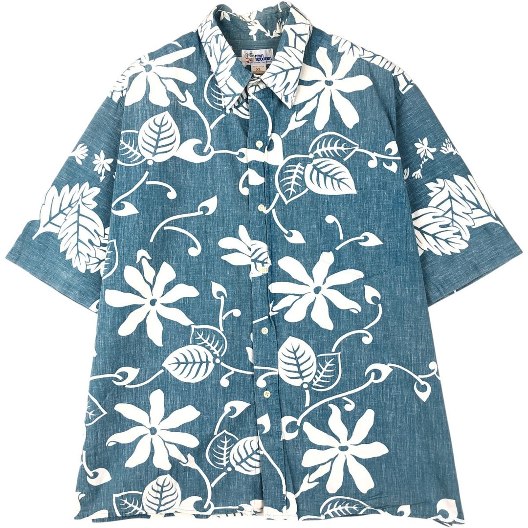 90'S Reyn Spooner swimwear tag, bikini tag, all-over botanical pattern, Hawaiian Aloha shirt, boxy shirt, men's size XL equivalent. cotton Blue type light blue Vintage Second Hand