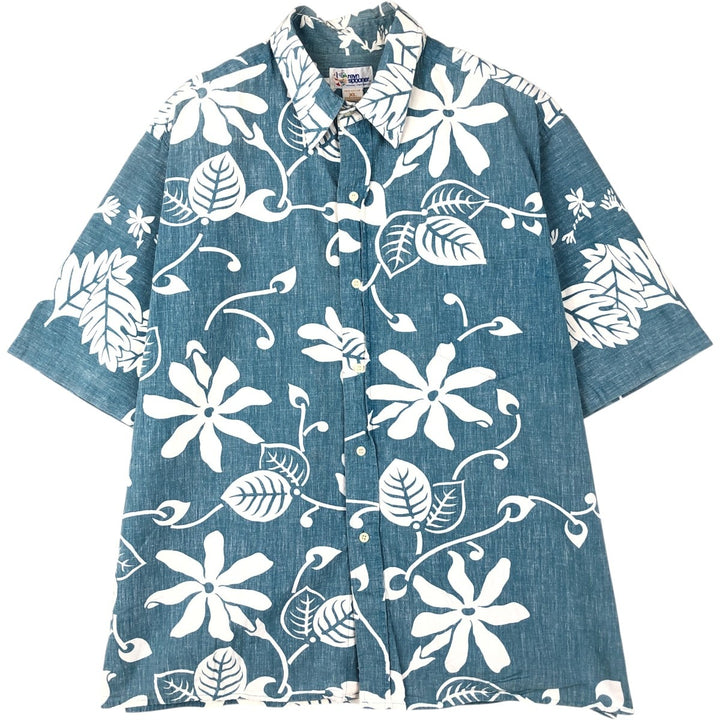 90'S Reyn Spooner swimwear tag, bikini tag, all-over botanical pattern, Hawaiian Aloha shirt, boxy shirt, men's size XL equivalent. cotton Blue type light blue Vintage Second Hand
