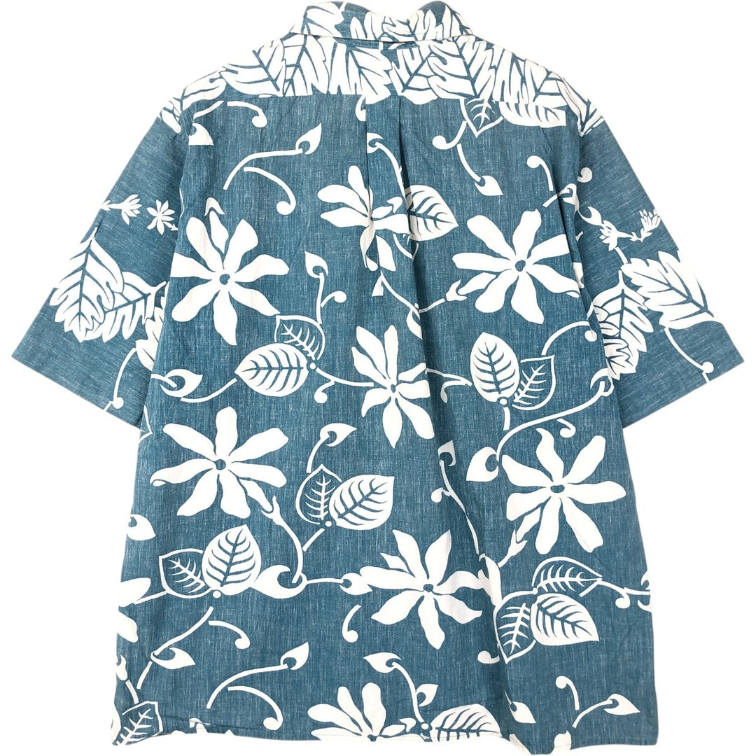 90'S Reyn Spooner swimwear tag, bikini tag, all-over botanical pattern, Hawaiian Aloha shirt, boxy shirt, men's size XL equivalent. cotton Blue type light blue Vintage Second Hand
