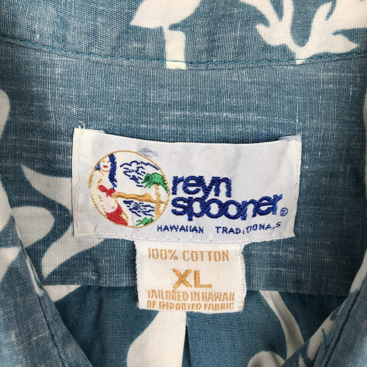 90'S Reyn Spooner swimwear tag, bikini tag, all-over botanical pattern, Hawaiian Aloha shirt, boxy shirt, men's size XL equivalent. cotton Blue type light blue Vintage Second Hand