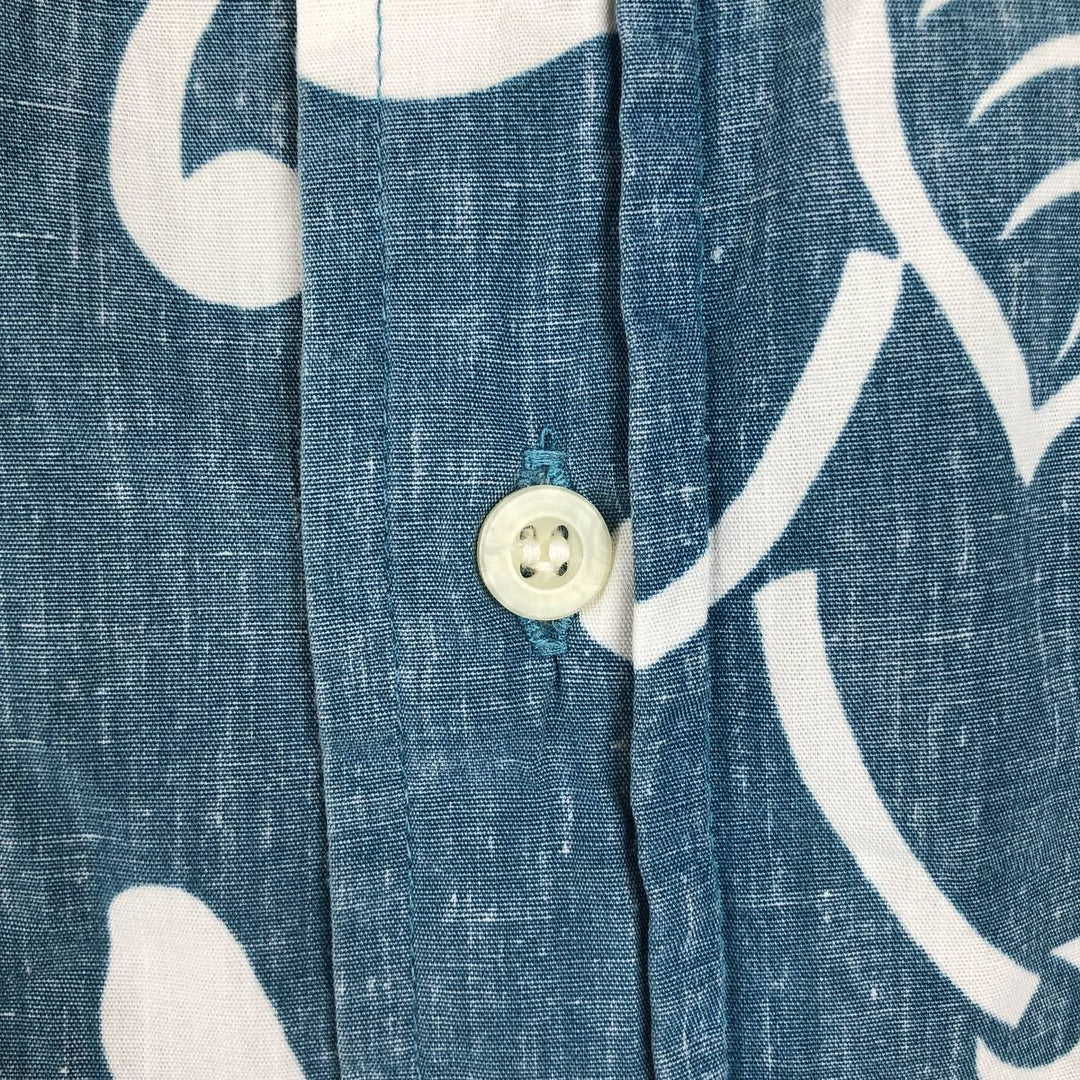 90'S Reyn Spooner swimwear tag, bikini tag, all-over botanical pattern, Hawaiian Aloha shirt, boxy shirt, men's size XL equivalent. cotton Blue type light blue Vintage Second Hand