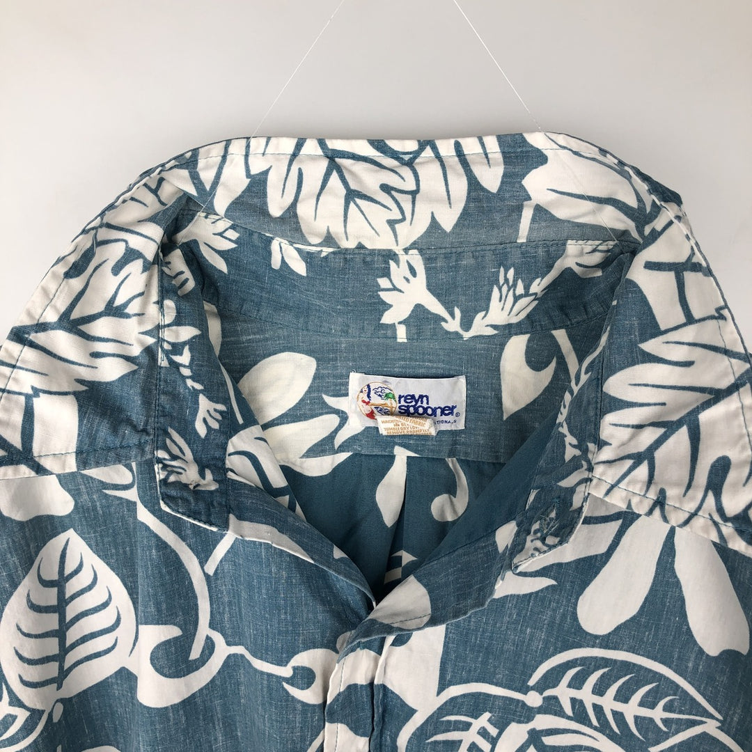 90'S Reyn Spooner swimwear tag, bikini tag, all-over botanical pattern, Hawaiian Aloha shirt, boxy shirt, men's size XL equivalent. cotton Blue type light blue Vintage Second Hand