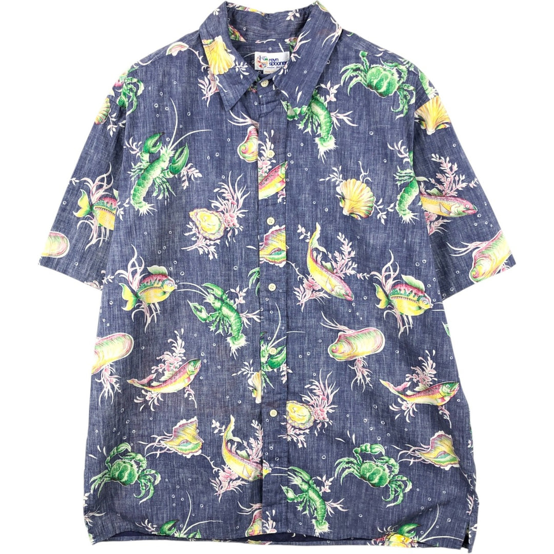 90'S Reyn Spooner swimwear tag, bikini tag, all-over print Hawaiian Aloha shirt, boxy shirt, made in Hawaii, men's size L equivalent. cotton navy blue type Vintage Second Hand