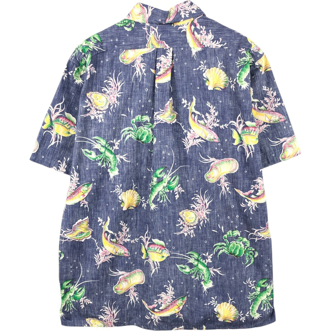 90'S Reyn Spooner swimwear tag, bikini tag, all-over print Hawaiian Aloha shirt, boxy shirt, made in Hawaii, men's size L equivalent. cotton navy blue type Vintage Second Hand