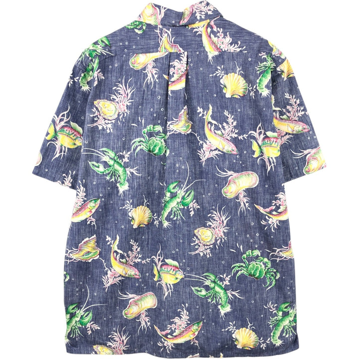 90'S Reyn Spooner swimwear tag, bikini tag, all-over print Hawaiian Aloha shirt, boxy shirt, made in Hawaii, men's size L equivalent. cotton navy blue type Vintage Second Hand