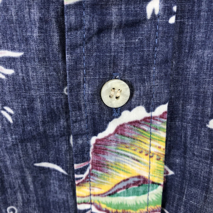 90'S Reyn Spooner swimwear tag, bikini tag, all-over print Hawaiian Aloha shirt, boxy shirt, made in Hawaii, men's size L equivalent. cotton navy blue type Vintage Second Hand