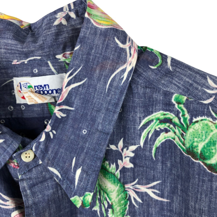 90'S Reyn Spooner swimwear tag, bikini tag, all-over print Hawaiian Aloha shirt, boxy shirt, made in Hawaii, men's size L equivalent. cotton navy blue type Vintage Second Hand