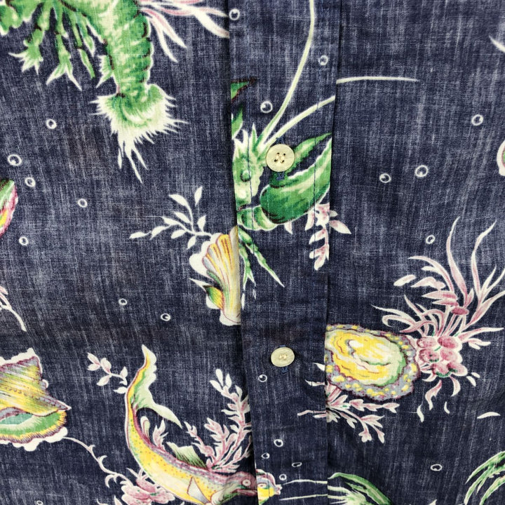 90'S Reyn Spooner swimwear tag, bikini tag, all-over print Hawaiian Aloha shirt, boxy shirt, made in Hawaii, men's size L equivalent. cotton navy blue type Vintage Second Hand