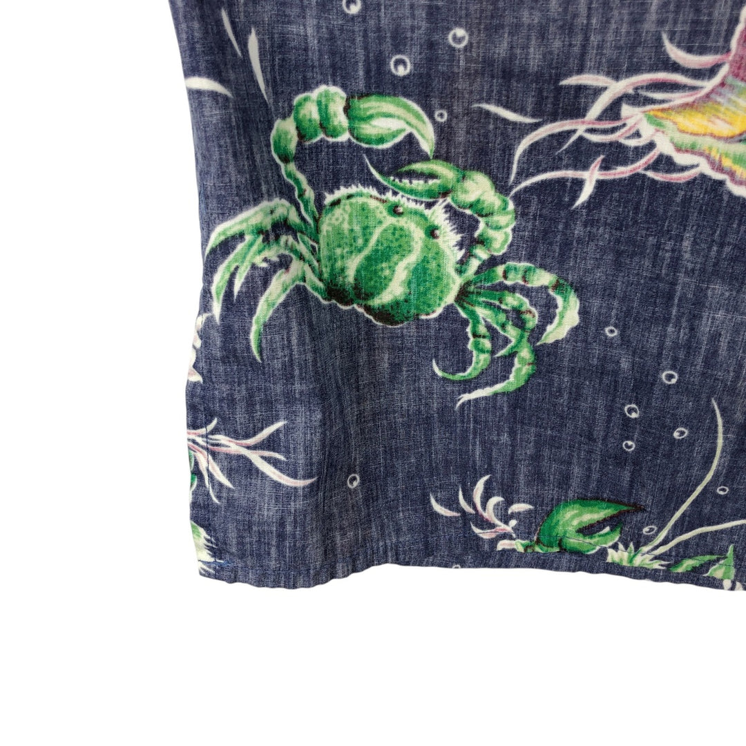 90'S Reyn Spooner swimwear tag, bikini tag, all-over print Hawaiian Aloha shirt, boxy shirt, made in Hawaii, men's size L equivalent. cotton navy blue type Vintage Second Hand