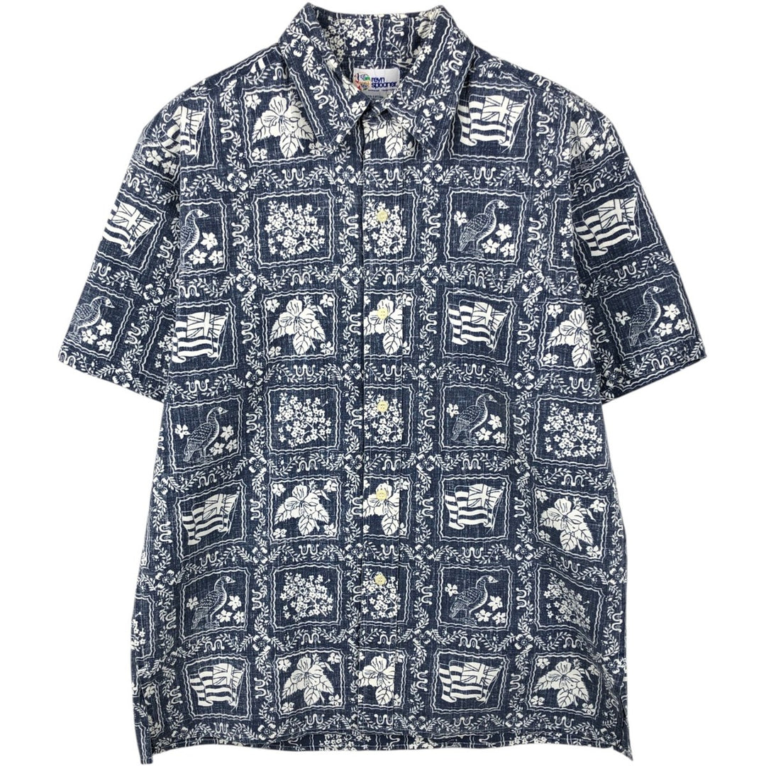 90'S Reyn Spooner swimsuit tag, bikini tag, all-over print Hawaiian aloha shirt, box shirt, made in Hawaii, men's size M cotton navy blue type Vintage Second Hand