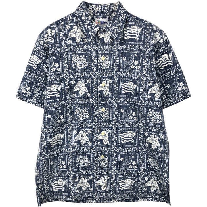 90'S Reyn Spooner swimsuit tag, bikini tag, all-over print Hawaiian aloha shirt, box shirt, made in Hawaii, men's size M cotton navy blue type Vintage Second Hand
