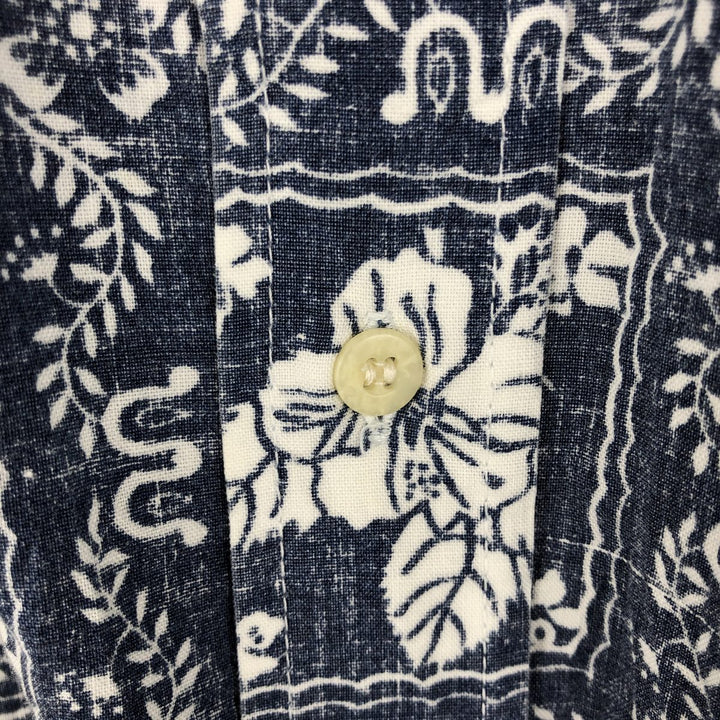 90'S Reyn Spooner swimsuit tag, bikini tag, all-over print Hawaiian aloha shirt, box shirt, made in Hawaii, men's size M cotton navy blue type Vintage Second Hand