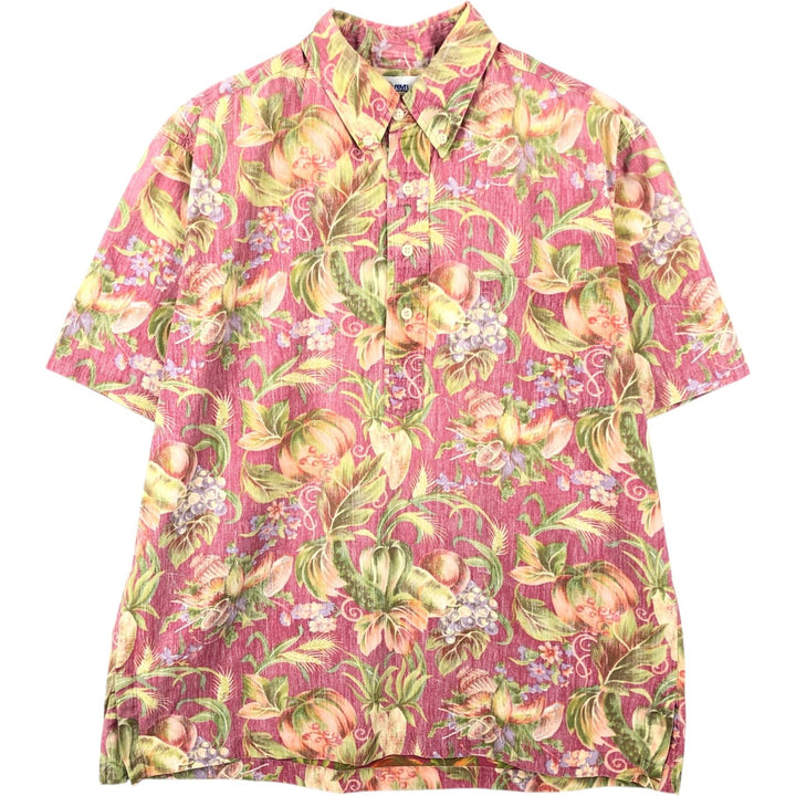 Reyn Spooner swimwear tag, bikini tag, all-over botanical pattern pullover, button-down, aloha shirt, boxy shirt. cotton pink type Vintage Second Hand
