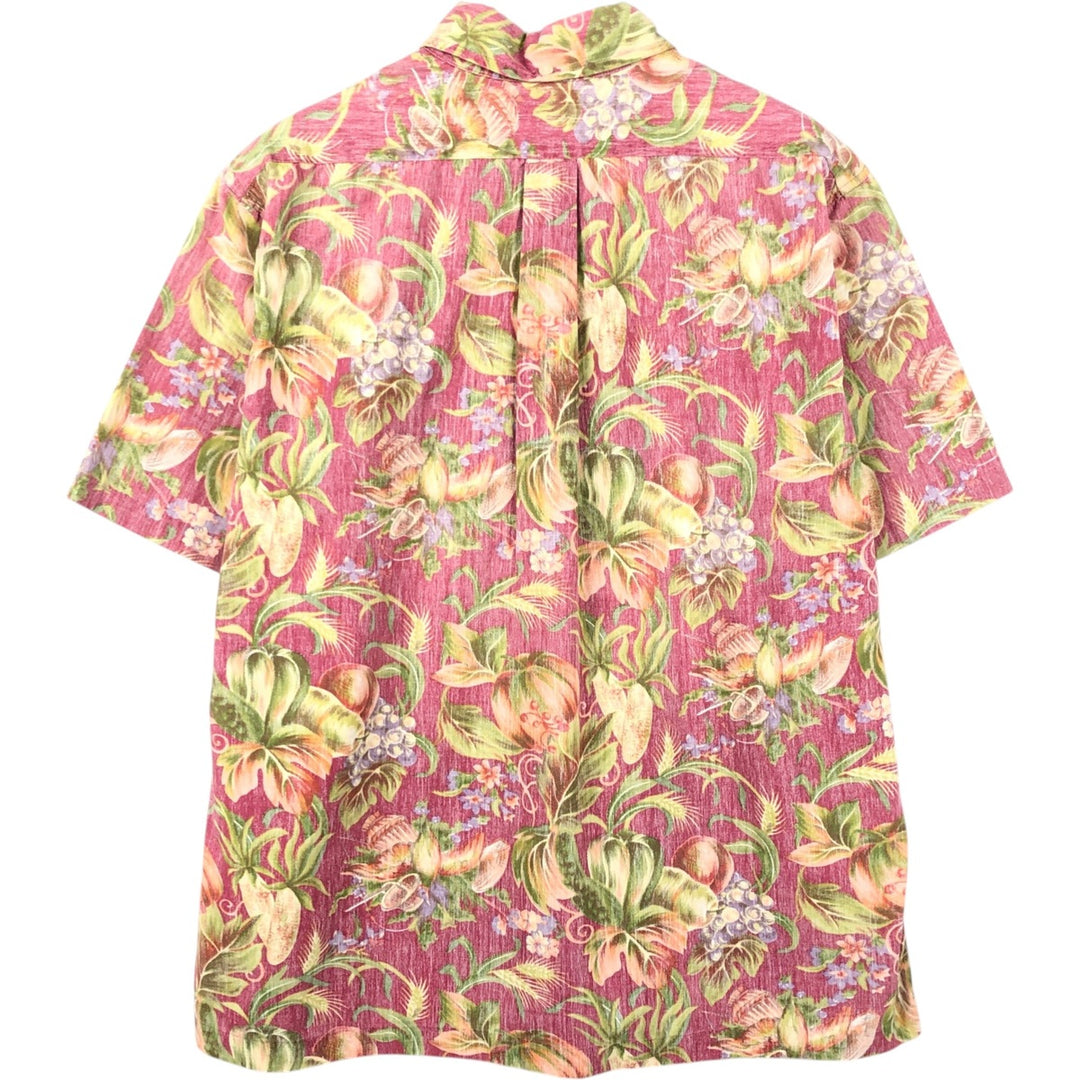 Reyn Spooner swimwear tag, bikini tag, all-over botanical pattern pullover, button-down, aloha shirt, boxy shirt. cotton pink type Vintage Second Hand