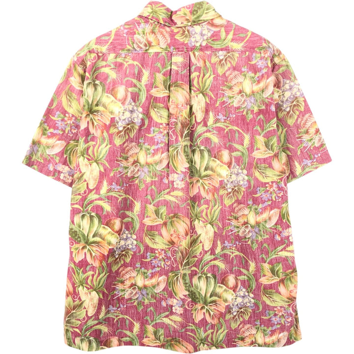 Reyn Spooner swimwear tag, bikini tag, all-over botanical pattern pullover, button-down, aloha shirt, boxy shirt. cotton pink type Vintage Second Hand