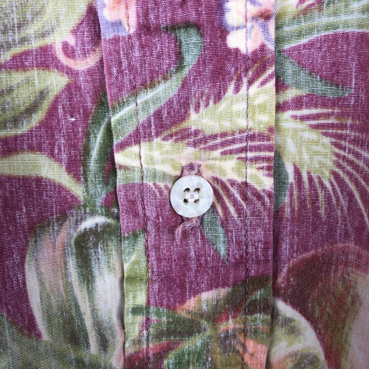 Reyn Spooner swimwear tag, bikini tag, all-over botanical pattern pullover, button-down, aloha shirt, boxy shirt. cotton pink type Vintage Second Hand