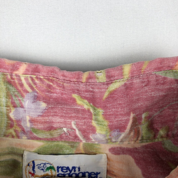 Reyn Spooner swimwear tag, bikini tag, all-over botanical pattern pullover, button-down, aloha shirt, boxy shirt. cotton pink type Vintage Second Hand