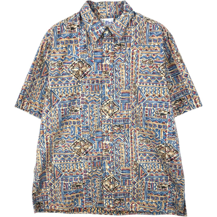 90'S Reyn Spooner swimwear tag, bikini tag, all-over print Hawaiian Aloha shirt, boxy shirt, made in Hawaii, men's size L equivalent. cotton blue type Vintage Second Hand