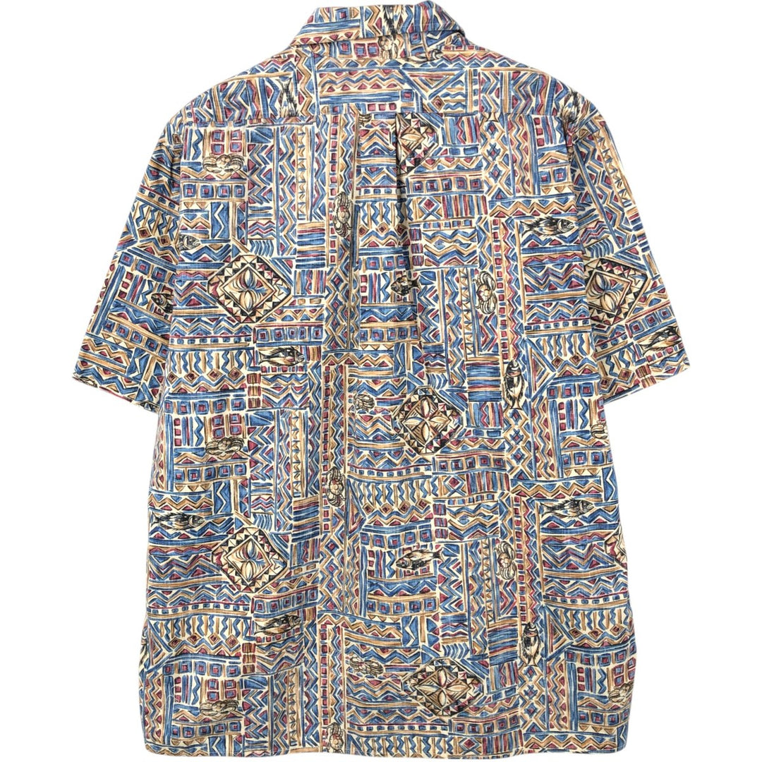 90'S Reyn Spooner swimwear tag, bikini tag, all-over print Hawaiian Aloha shirt, boxy shirt, made in Hawaii, men's size L equivalent. cotton blue type Vintage Second Hand