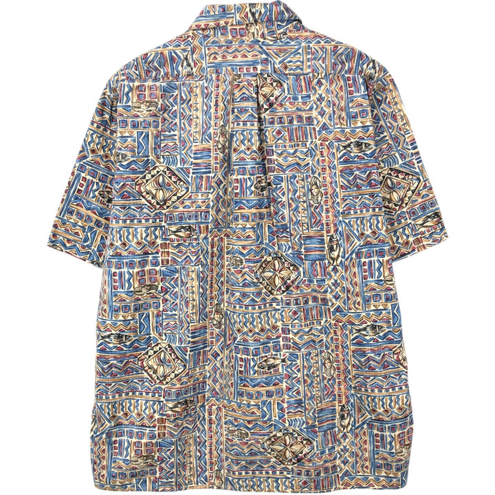 90'S Reyn Spooner swimwear tag, bikini tag, all-over print Hawaiian Aloha shirt, boxy shirt, made in Hawaii, men's size L equivalent. cotton blue type Vintage Second Hand