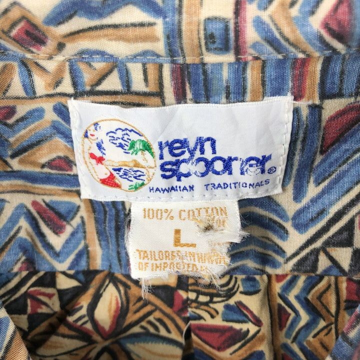 90'S Reyn Spooner swimwear tag, bikini tag, all-over print Hawaiian Aloha shirt, boxy shirt, made in Hawaii, men's size L equivalent. cotton blue type Vintage Second Hand