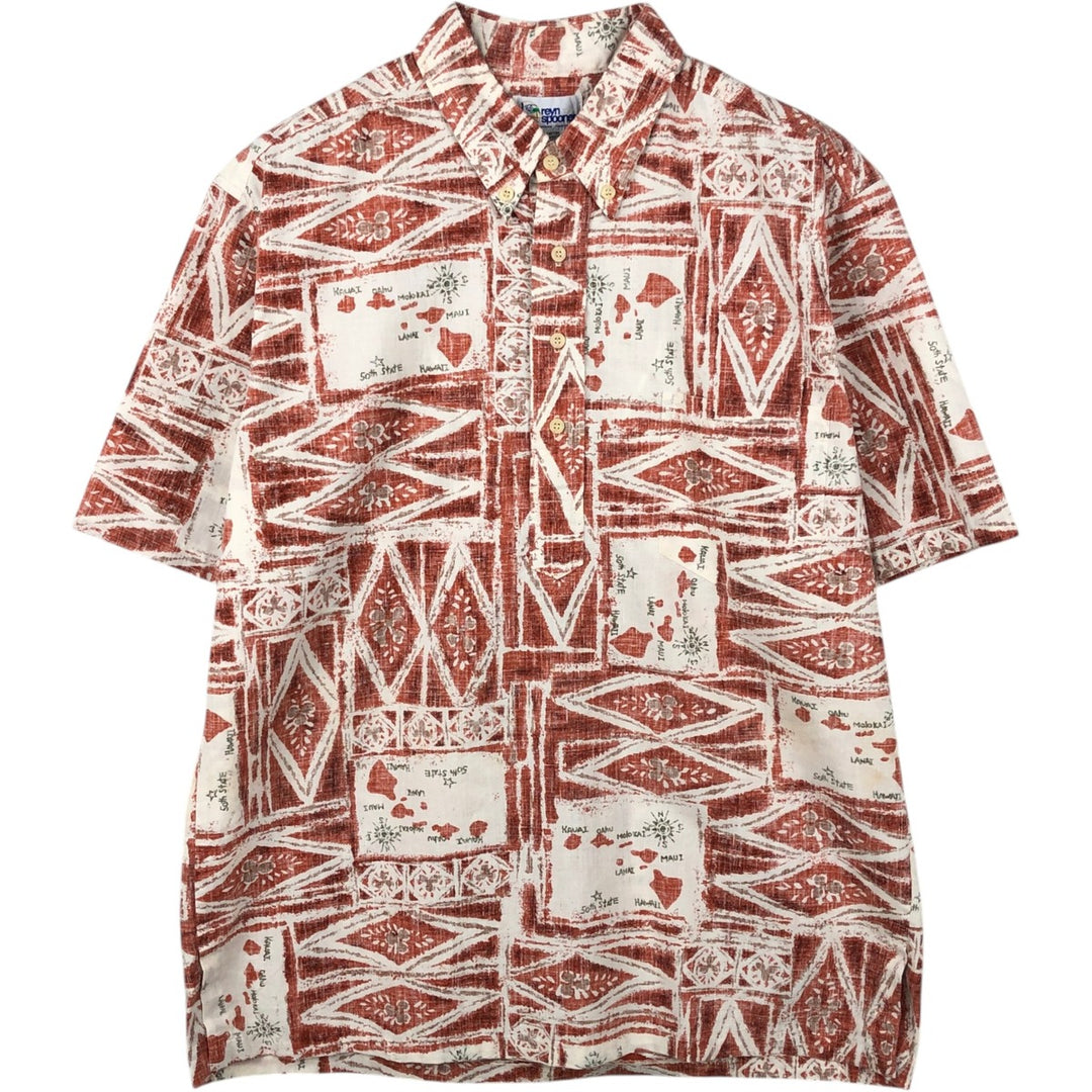 90'S Reyn Spooner swimwear tag, bikini tag, all-over print pullover, button-down, Aloha shirt, boxy shirt, men's size L equivalent. cotton white type Vintage Second Hand