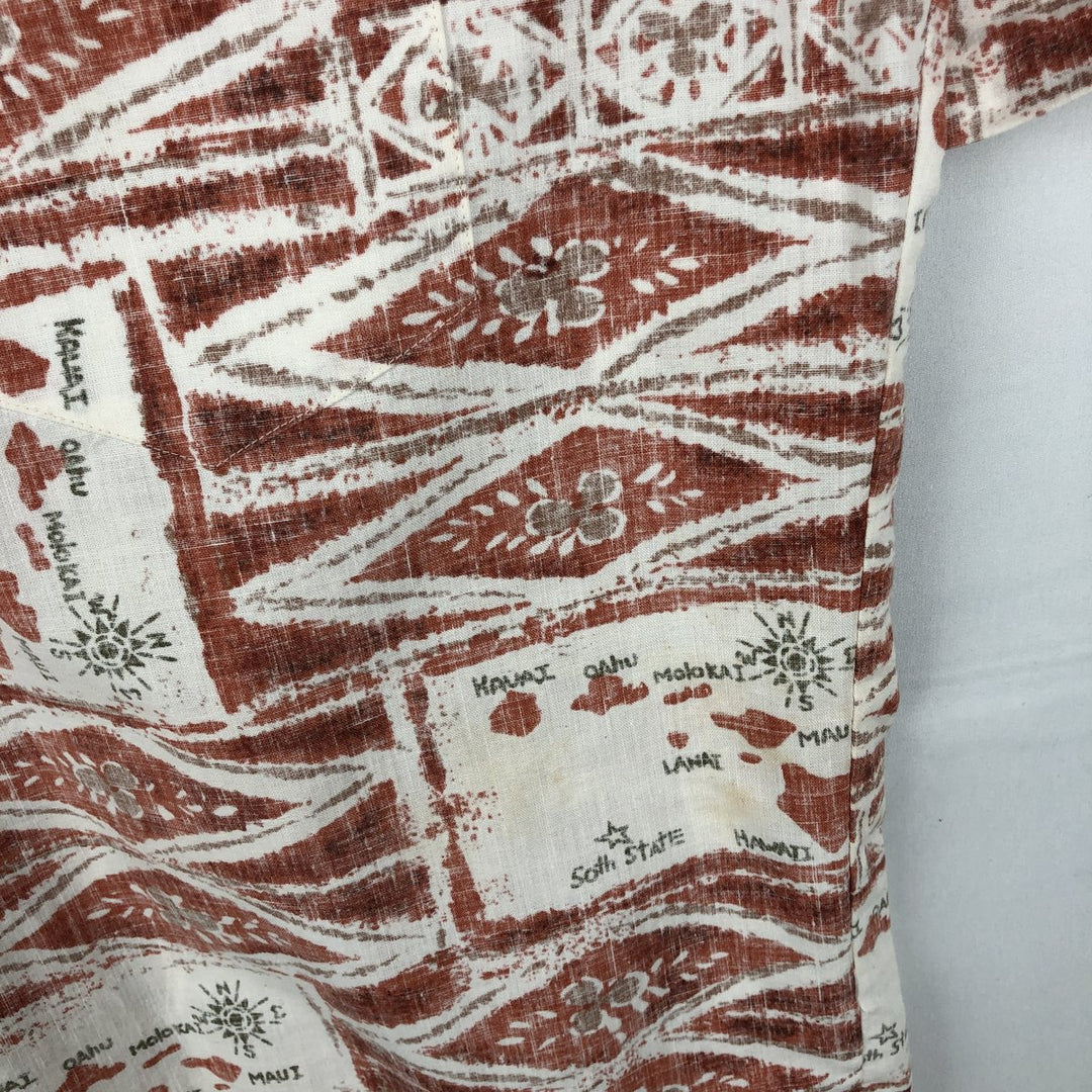 90'S Reyn Spooner swimwear tag, bikini tag, all-over print pullover, button-down, Aloha shirt, boxy shirt, men's size L equivalent. cotton white type Vintage Second Hand