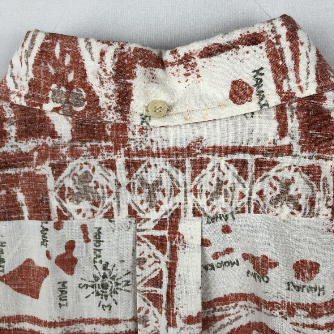 90'S Reyn Spooner swimwear tag, bikini tag, all-over print pullover, button-down, Aloha shirt, boxy shirt, men's size L equivalent. cotton white type Vintage Second Hand