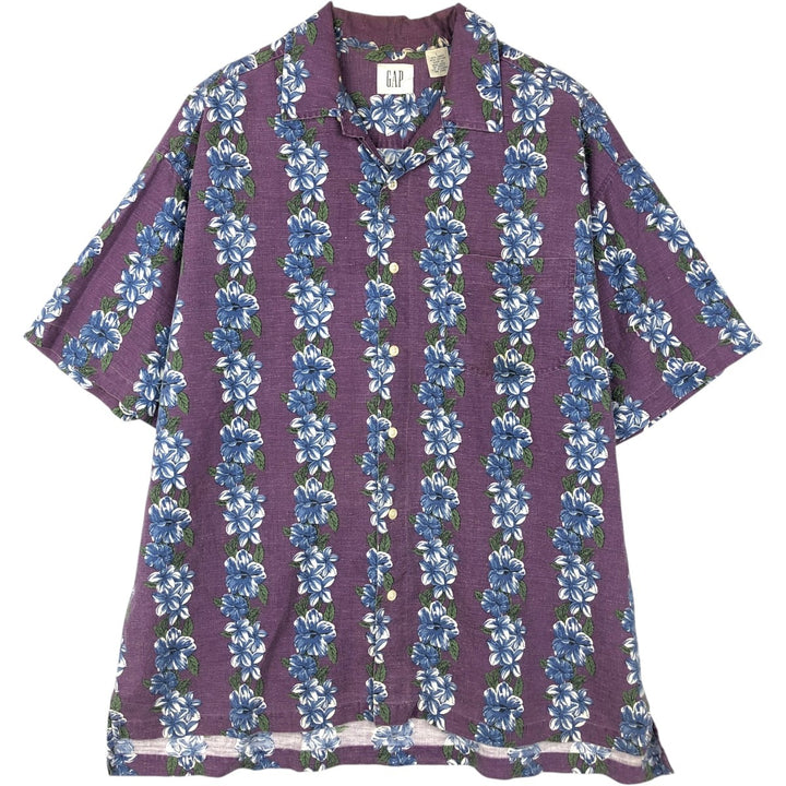 90'S Gap (Old Gap) All-over Hibiscus Pattern Open Collar Aloha Shirt, Boxy Shirt, Men's Size L linen purple type Vintage Second Hand