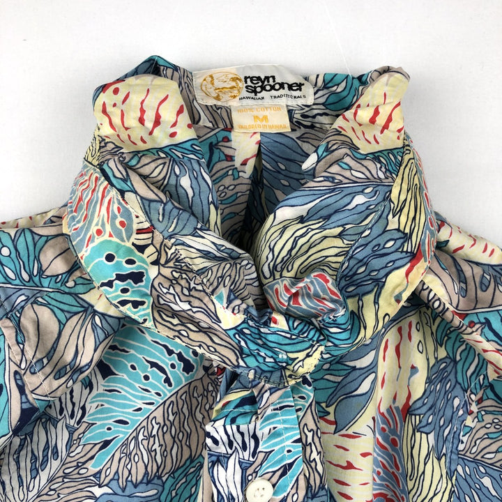 80'S Reyn Spooner Gold Tag Nude Tag All-over Leaf Pattern Hawaiian Aloha Shirt Box Shirt Made in Hawaii Men's Size M (approx.) cotton blue type Vintage Second Hand