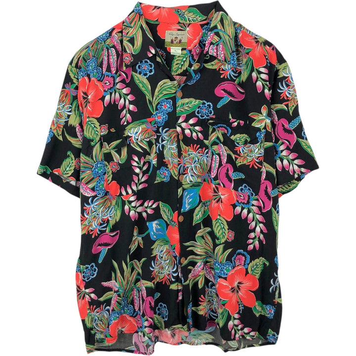 90'S Reyn Spooner all-over botanical pattern open-collar rayon aloha shirt, boxy fit, men's size L (approx.) Rayon black type Vintage Second Hand