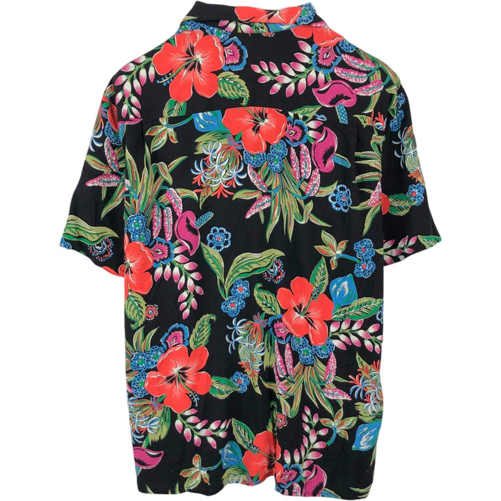 90'S Reyn Spooner all-over botanical pattern open-collar rayon aloha shirt, boxy fit, men's size L (approx.) Rayon black type Vintage Second Hand