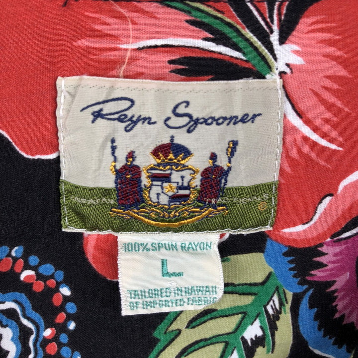 90'S Reyn Spooner all-over botanical pattern open-collar rayon aloha shirt, boxy fit, men's size L (approx.) Rayon black type Vintage Second Hand