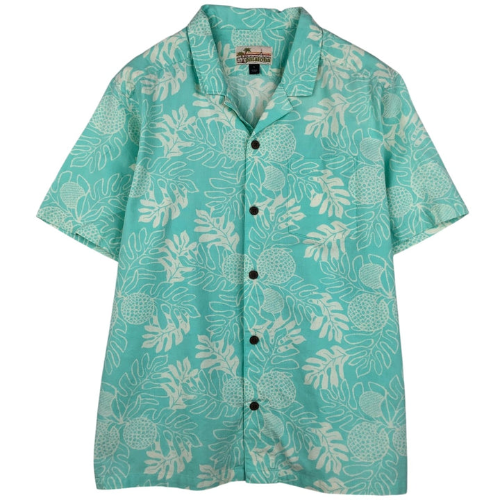 Patagonia 52566SP18 All-over print open collar Hawaiian Aloha shirt, boxy style, men's size L equivalent. Organic cotton turquoise blue Vintage Second Hand