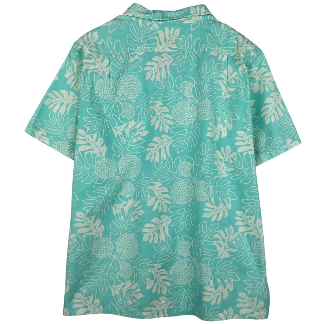 Patagonia 52566SP18 All-over print open collar Hawaiian Aloha shirt, boxy style, men's size L equivalent. Organic cotton turquoise blue Vintage Second Hand