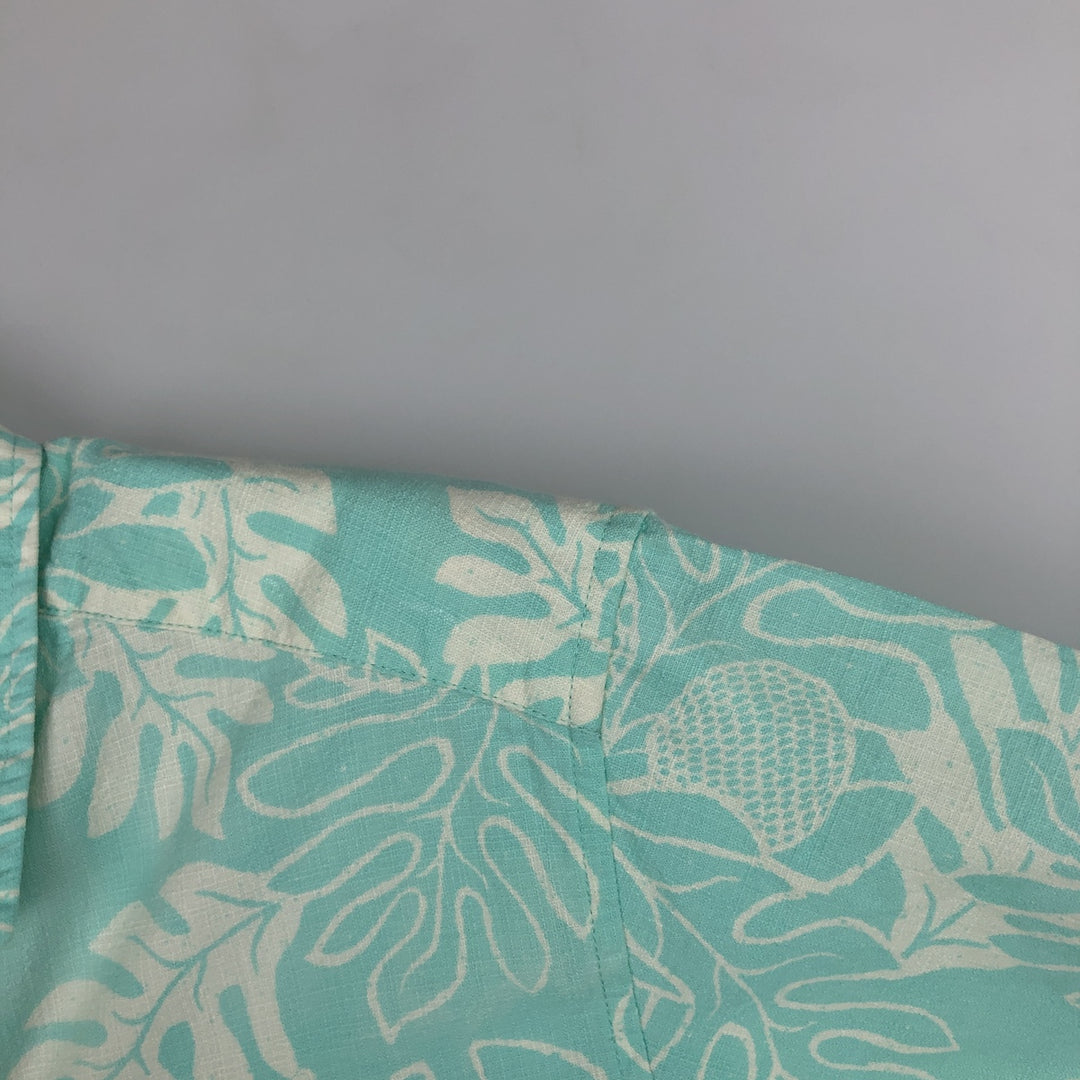 Patagonia 52566SP18 All-over print open collar Hawaiian Aloha shirt, boxy style, men's size L equivalent. Organic cotton turquoise blue Vintage Second Hand