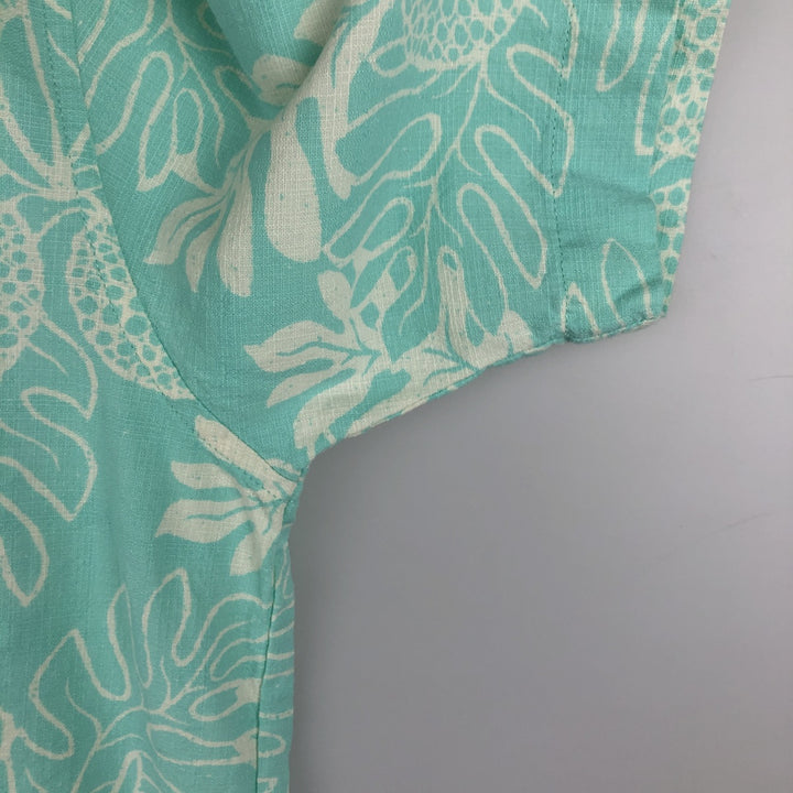 Patagonia 52566SP18 All-over print open collar Hawaiian Aloha shirt, boxy style, men's size L equivalent. Organic cotton turquoise blue Vintage Second Hand