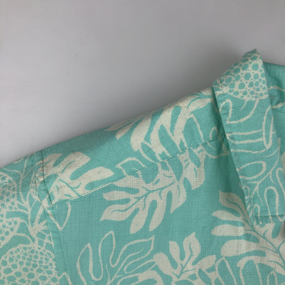 Patagonia 52566SP18 All-over print open collar Hawaiian Aloha shirt, boxy style, men's size L equivalent. Organic cotton turquoise blue Vintage Second Hand