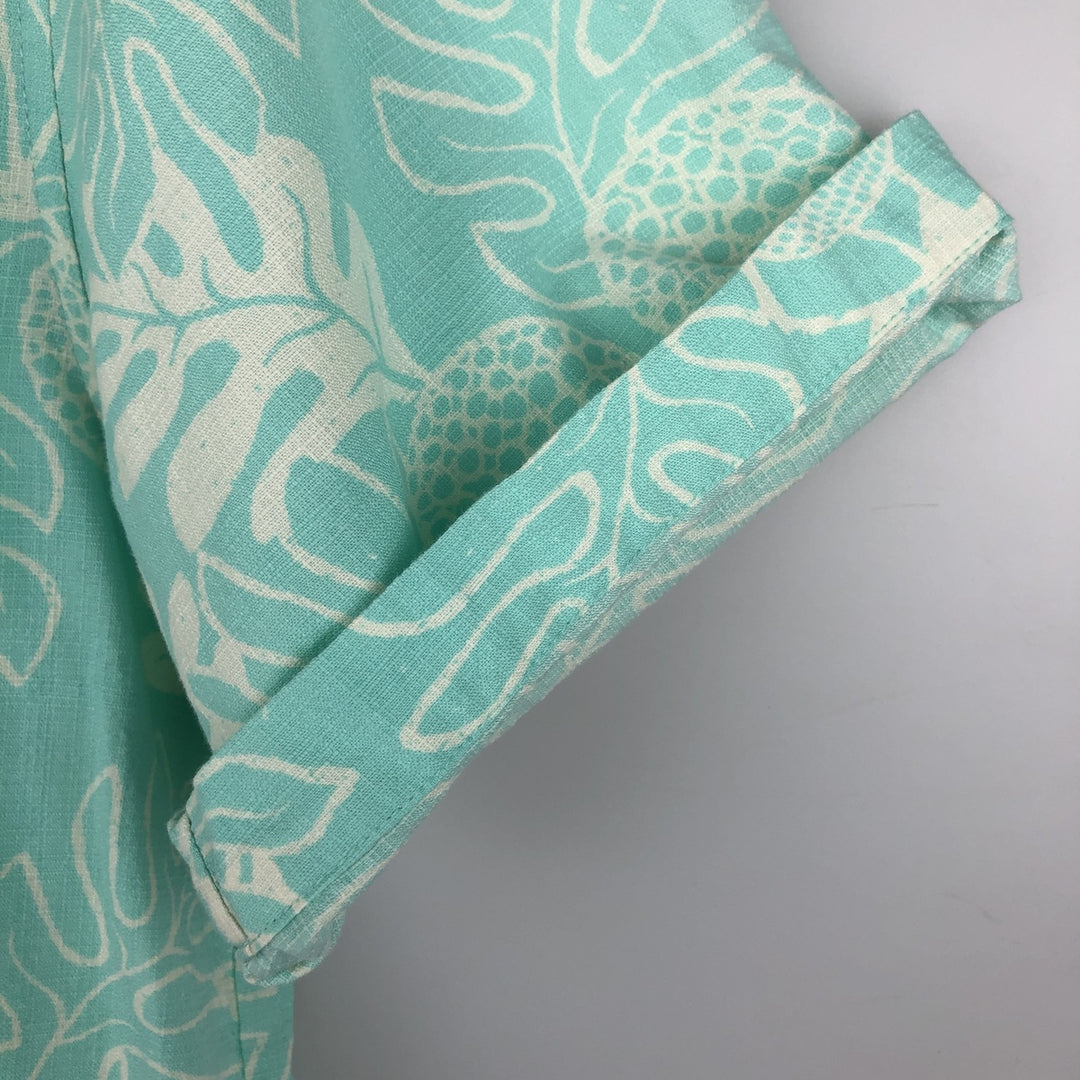 Patagonia 52566SP18 All-over print open collar Hawaiian Aloha shirt, boxy style, men's size L equivalent. Organic cotton turquoise blue Vintage Second Hand