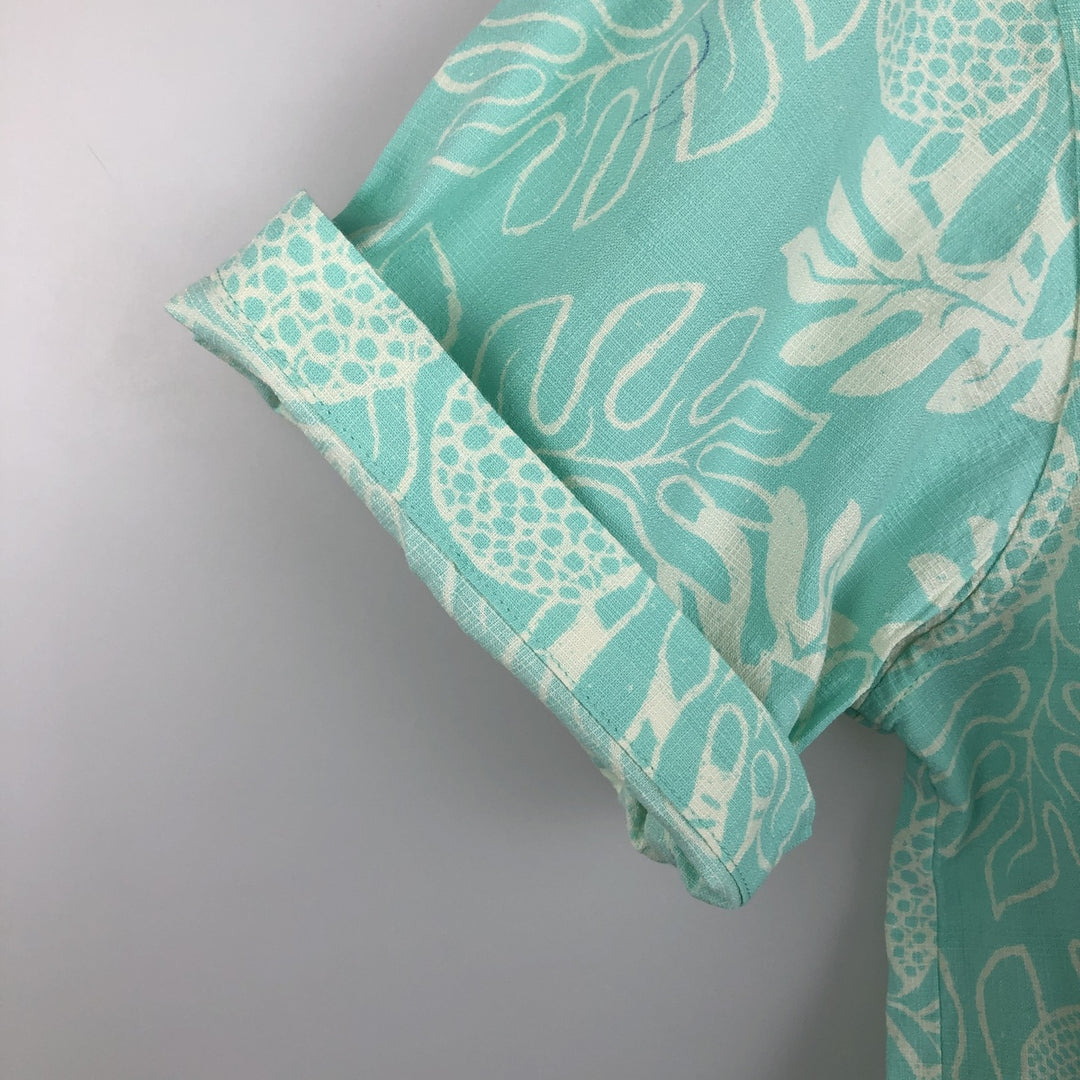 Patagonia 52566SP18 All-over print open collar Hawaiian Aloha shirt, boxy style, men's size L equivalent. Organic cotton turquoise blue Vintage Second Hand