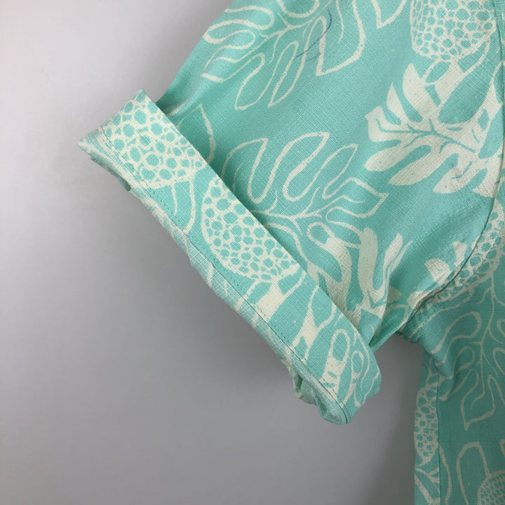 Patagonia 52566SP18 All-over print open collar Hawaiian Aloha shirt, boxy style, men's size L equivalent. Organic cotton turquoise blue Vintage Second Hand