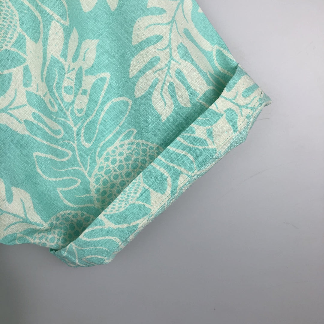 Patagonia 52566SP18 All-over print open collar Hawaiian Aloha shirt, boxy style, men's size L equivalent. Organic cotton turquoise blue Vintage Second Hand
