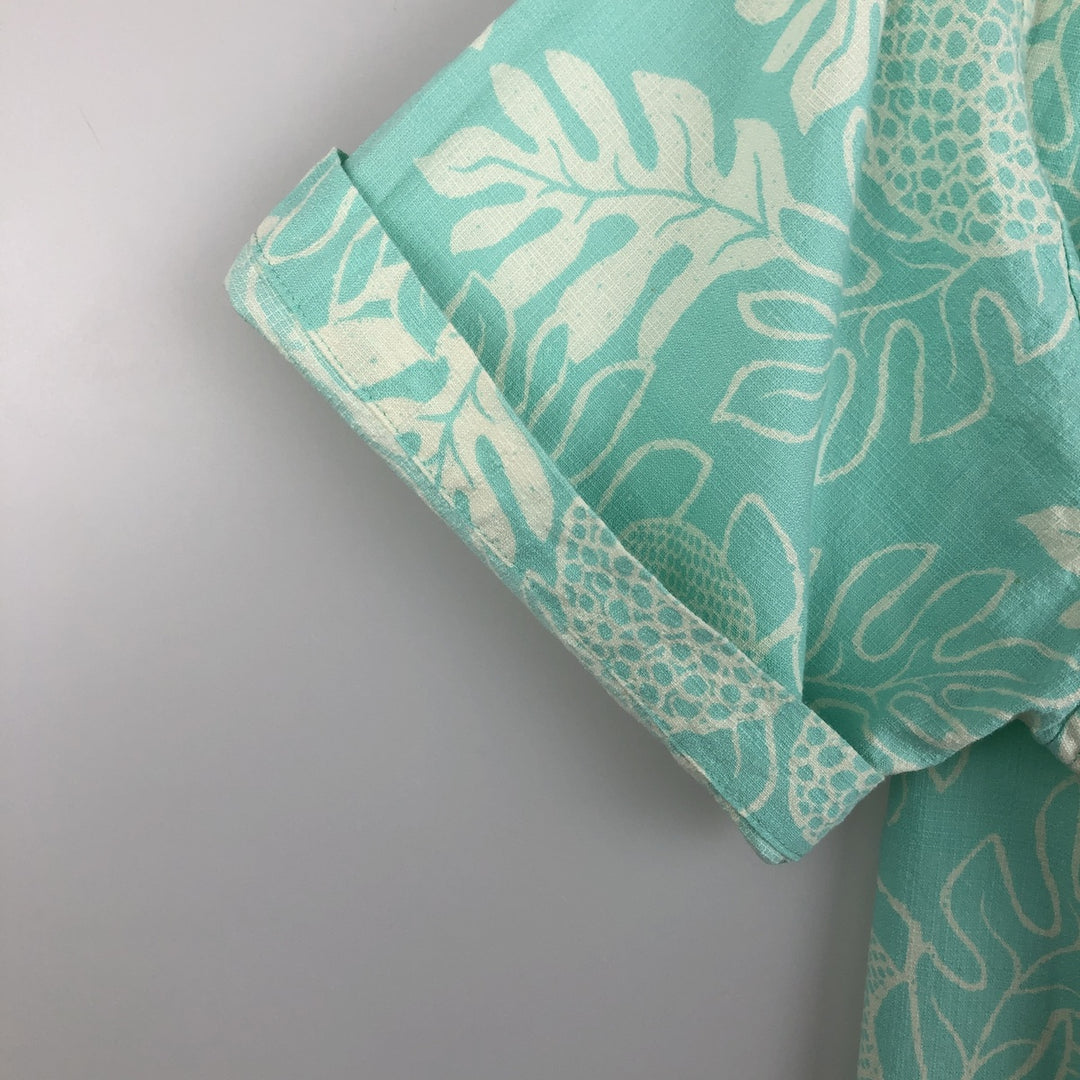 Patagonia 52566SP18 All-over print open collar Hawaiian Aloha shirt, boxy style, men's size L equivalent. Organic cotton turquoise blue Vintage Second Hand
