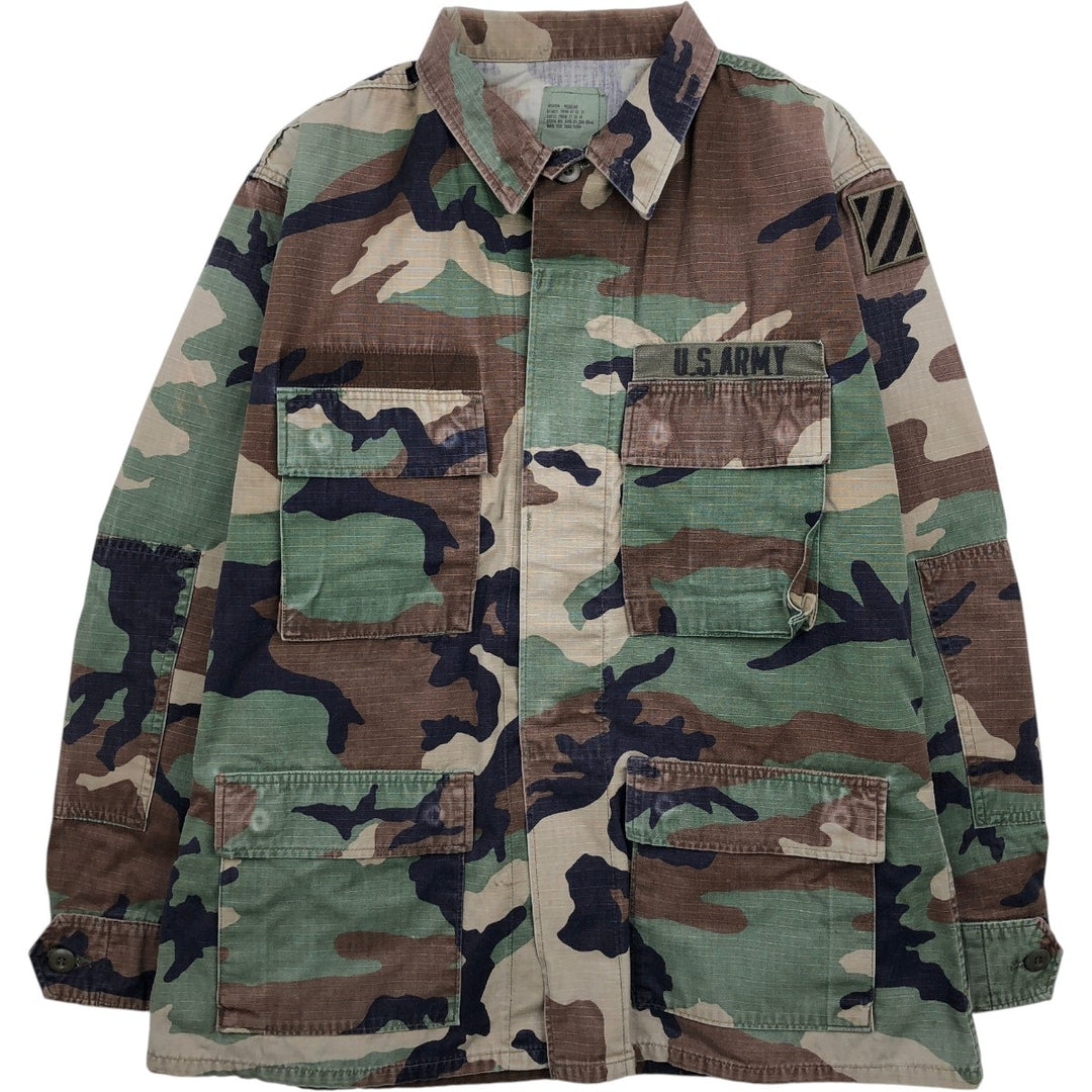 90'S Camouflage Pattern Woodland Camo Ripstop BDU Military Jacket, Made in USA, MEDIUM-REGULAR (Men's M equivalent) Nylon Khaki type Vintage Second Hand