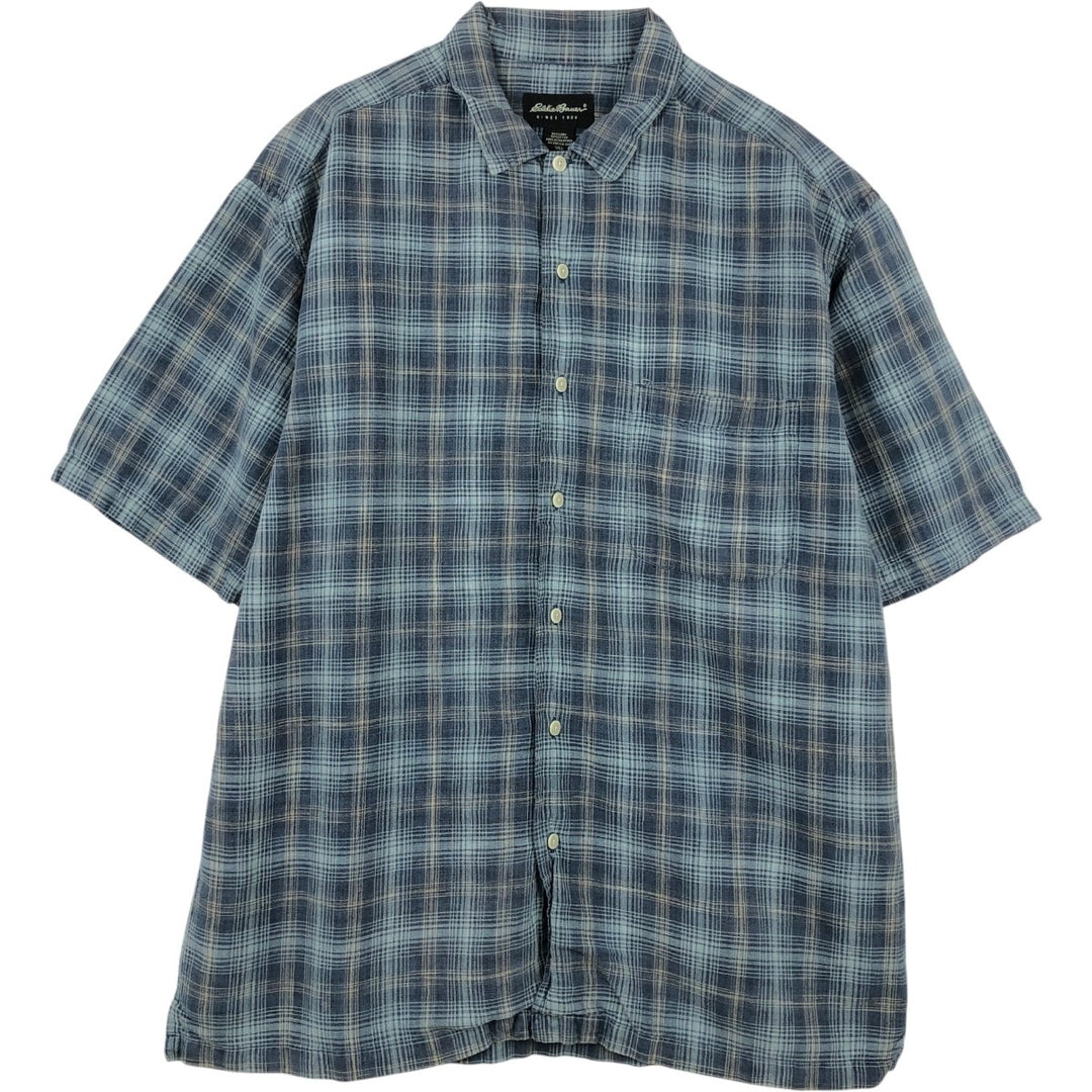 Eddie Bauer Check Pattern Short-Sleeve Linen Shirt, Boxy Shirt, Men's Size L (approx.) linen navy blue type Vintage Second Hand