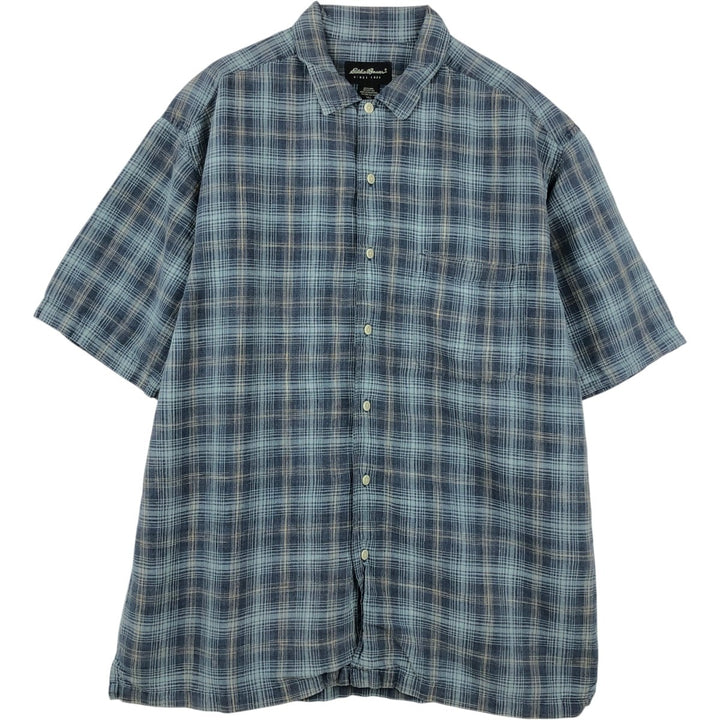 Eddie Bauer Check Pattern Short-Sleeve Linen Shirt, Boxy Shirt, Men's Size L (approx.) linen navy blue type Vintage Second Hand