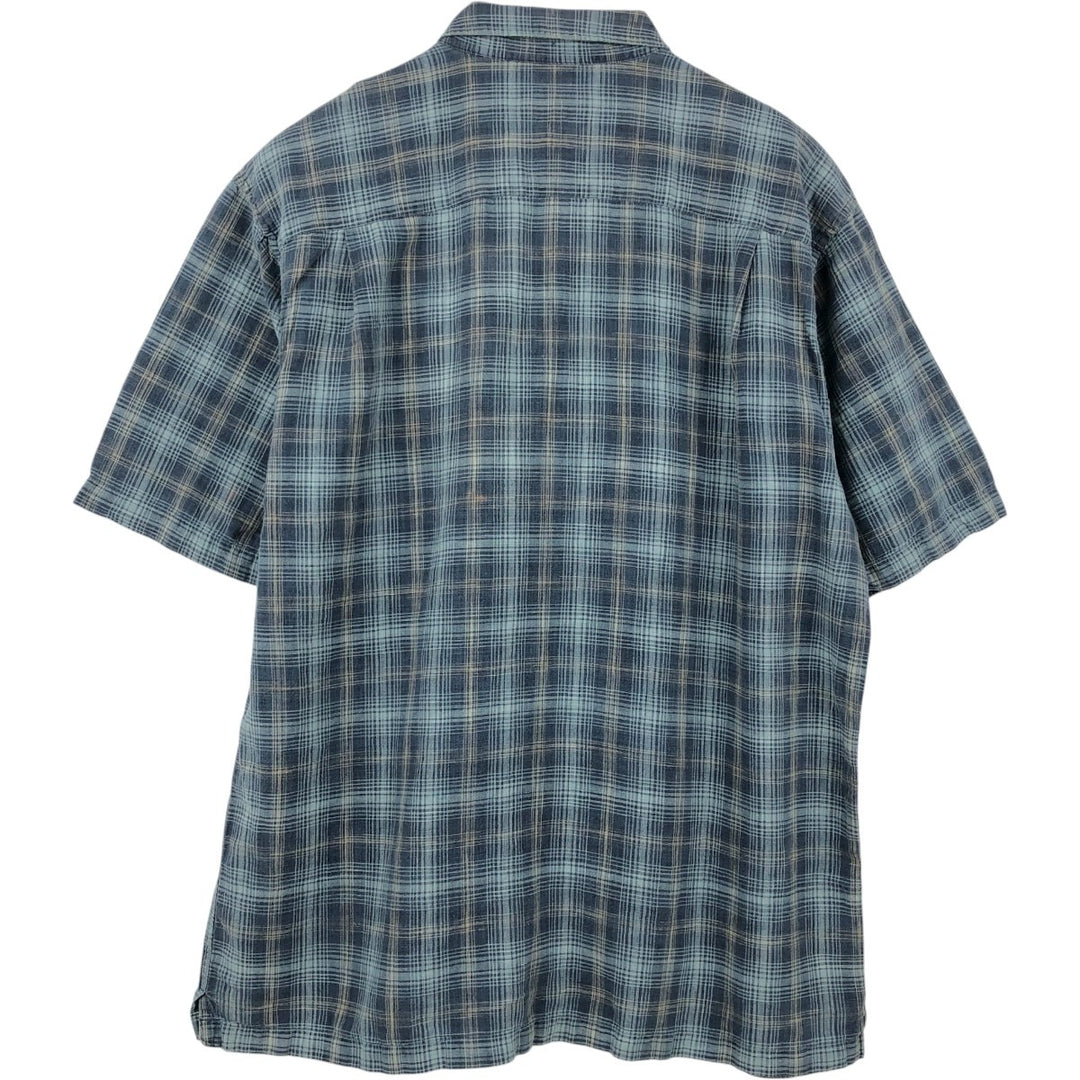 Eddie Bauer Check Pattern Short-Sleeve Linen Shirt, Boxy Shirt, Men's Size L (approx.) linen navy blue type Vintage Second Hand